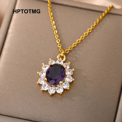  Purple Crystal Sun Flower Pendant Necklace for Women Stainless Steel Goth Choker Chain Necklace
